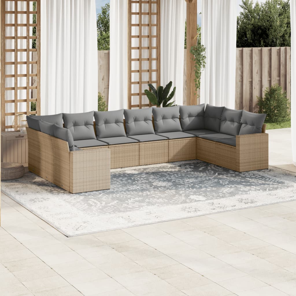 10-delige Loungeset met kussens poly rattan grijs