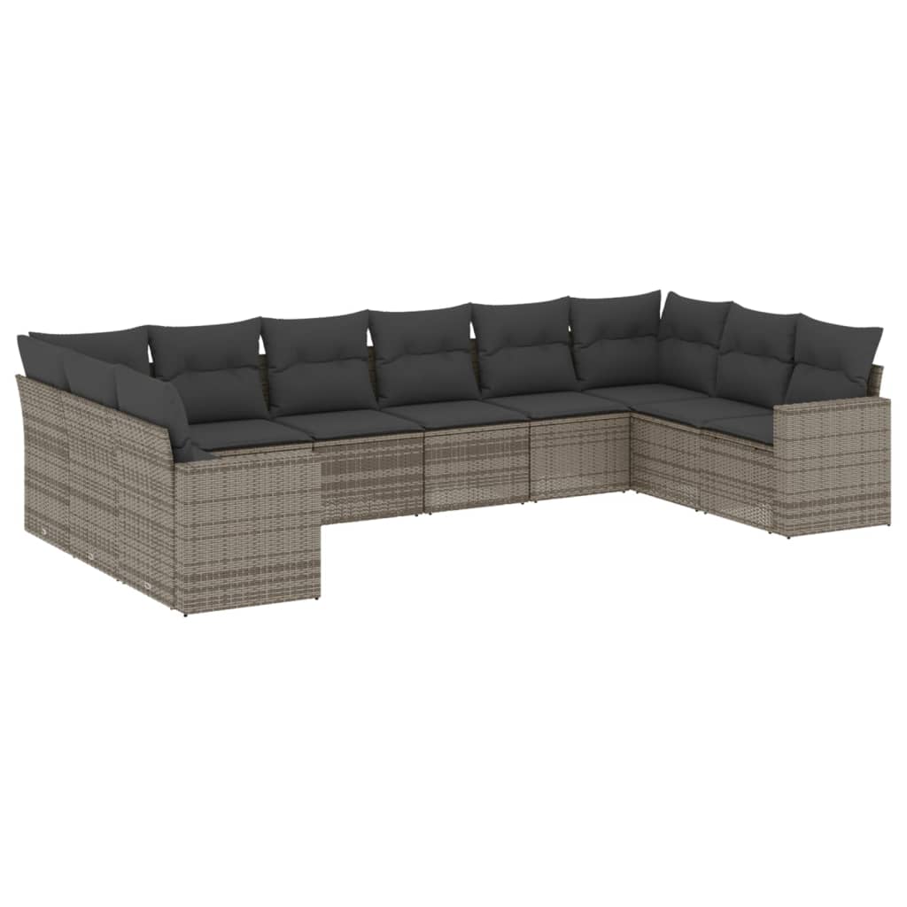 10-delige Loungeset met kussens poly rattan grijs