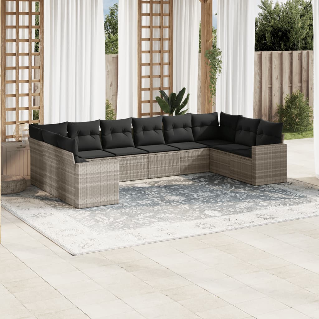 10-delige Loungeset met kussens poly rattan grijs