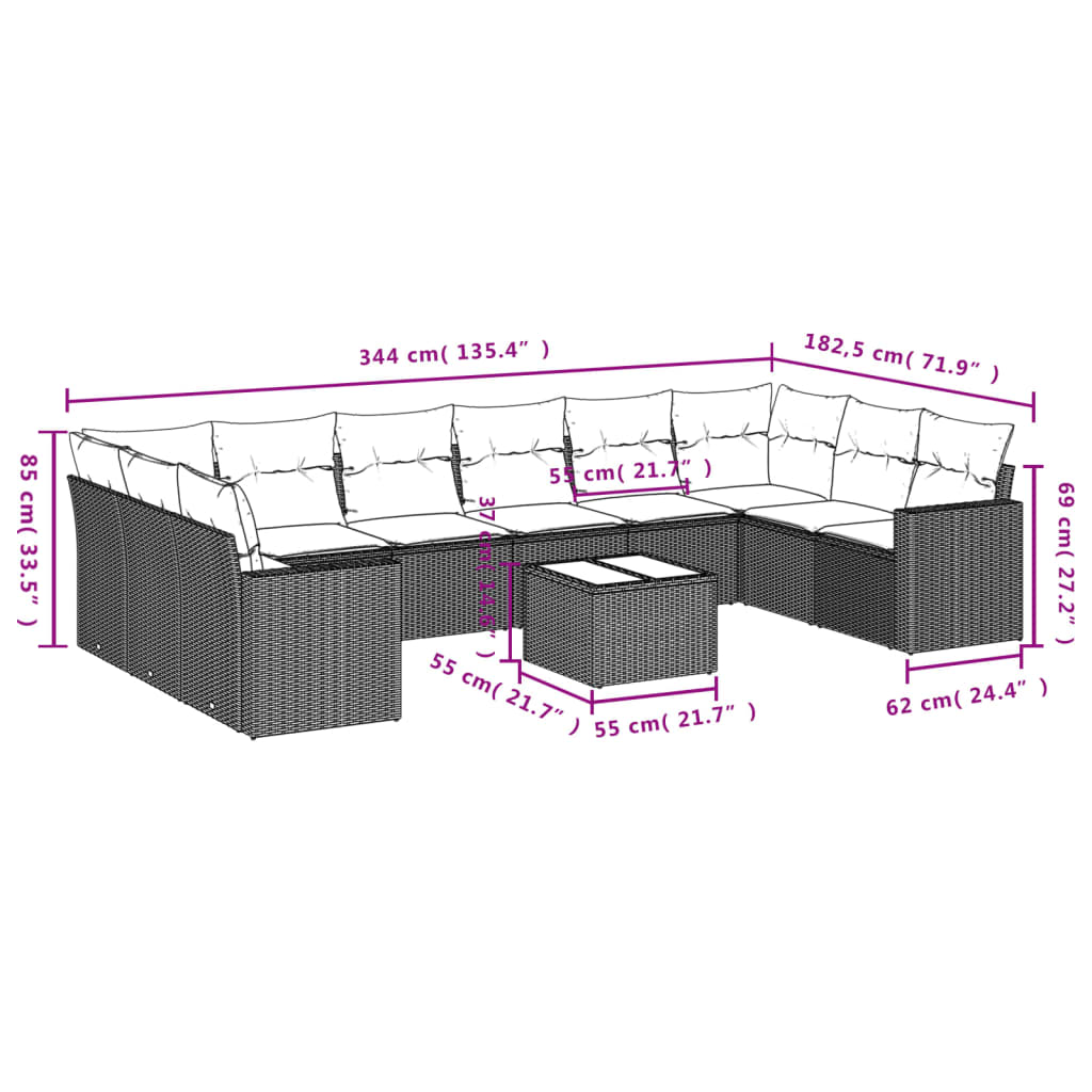 10-delige Loungeset met kussens poly rattan grijs