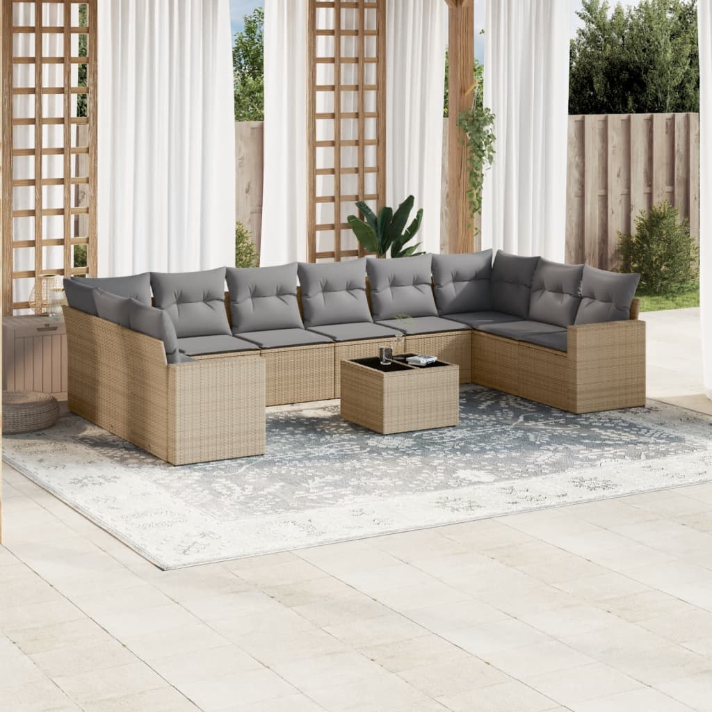 10-delige Loungeset met kussens poly rattan grijs