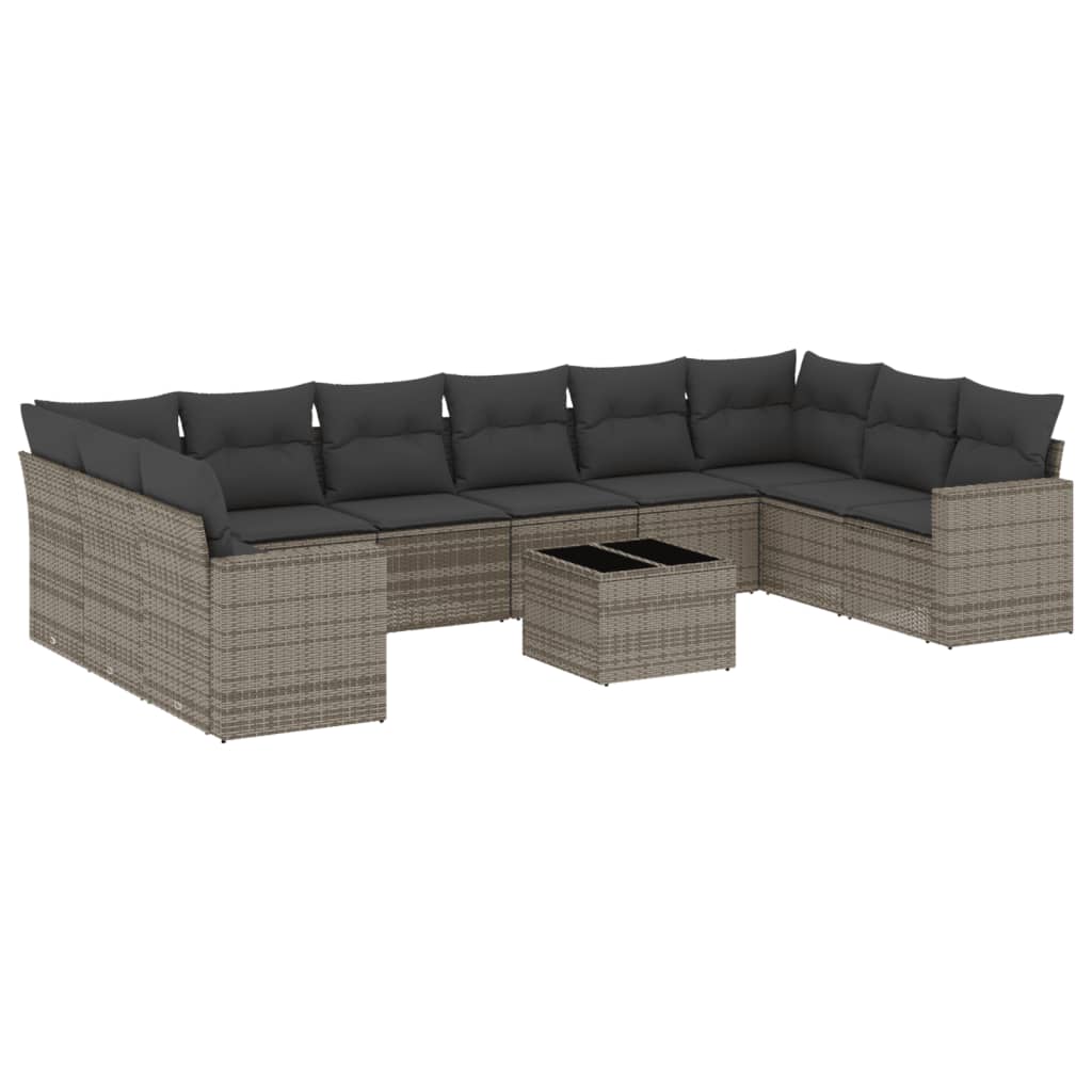 10-delige Loungeset met kussens poly rattan grijs