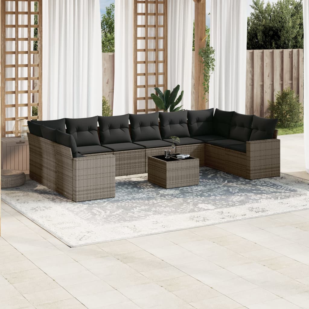 10-delige Loungeset met kussens poly rattan grijs