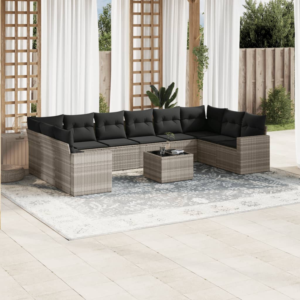 10-delige Loungeset met kussens poly rattan grijs