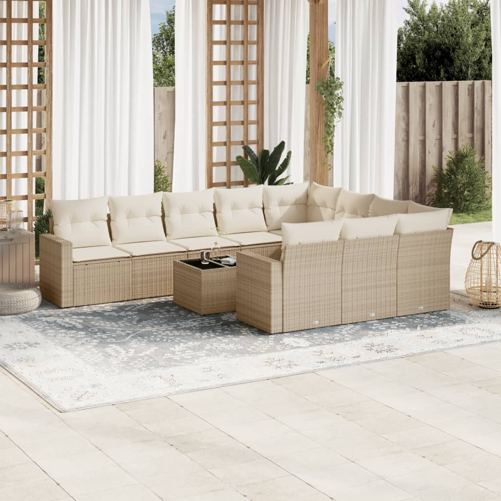 10-delige Loungeset met kussens poly rattan bruin