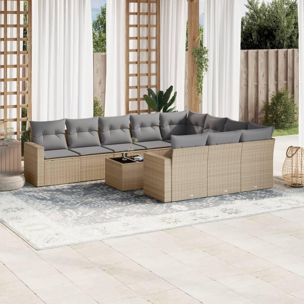 10-delige Loungeset met kussens poly rattan bruin