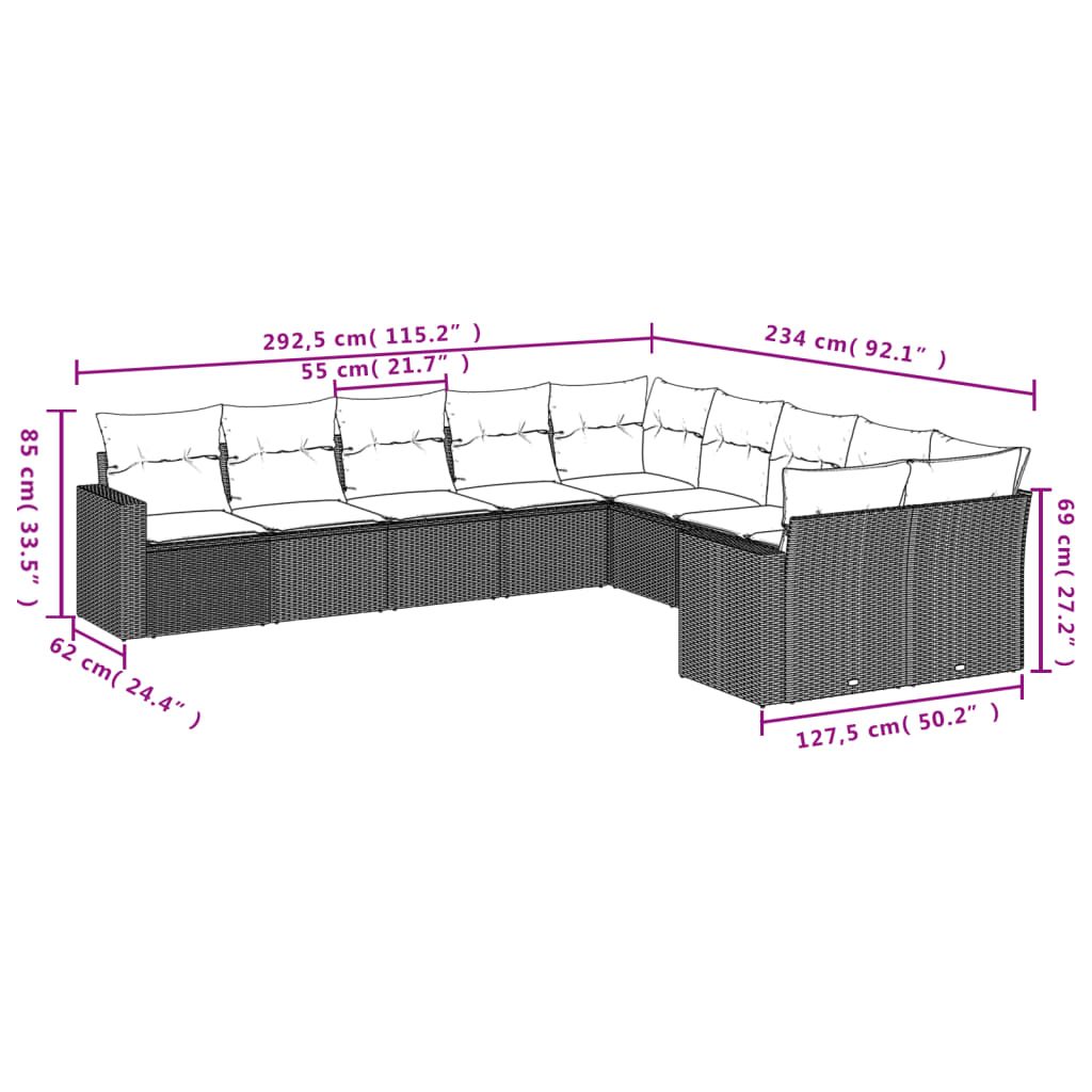 11-delige Tuinset met kussens poly rattan beige