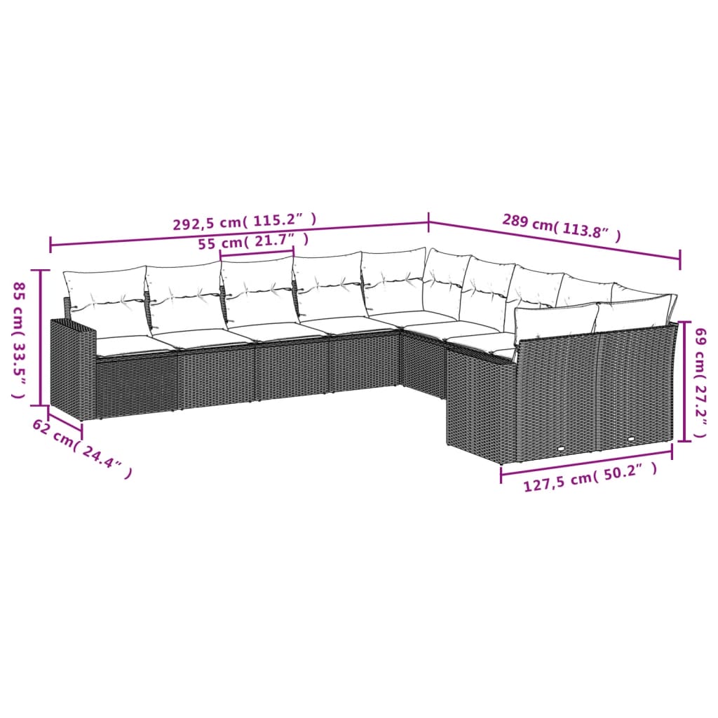 10-delige Loungeset met kussens poly rattan bruin