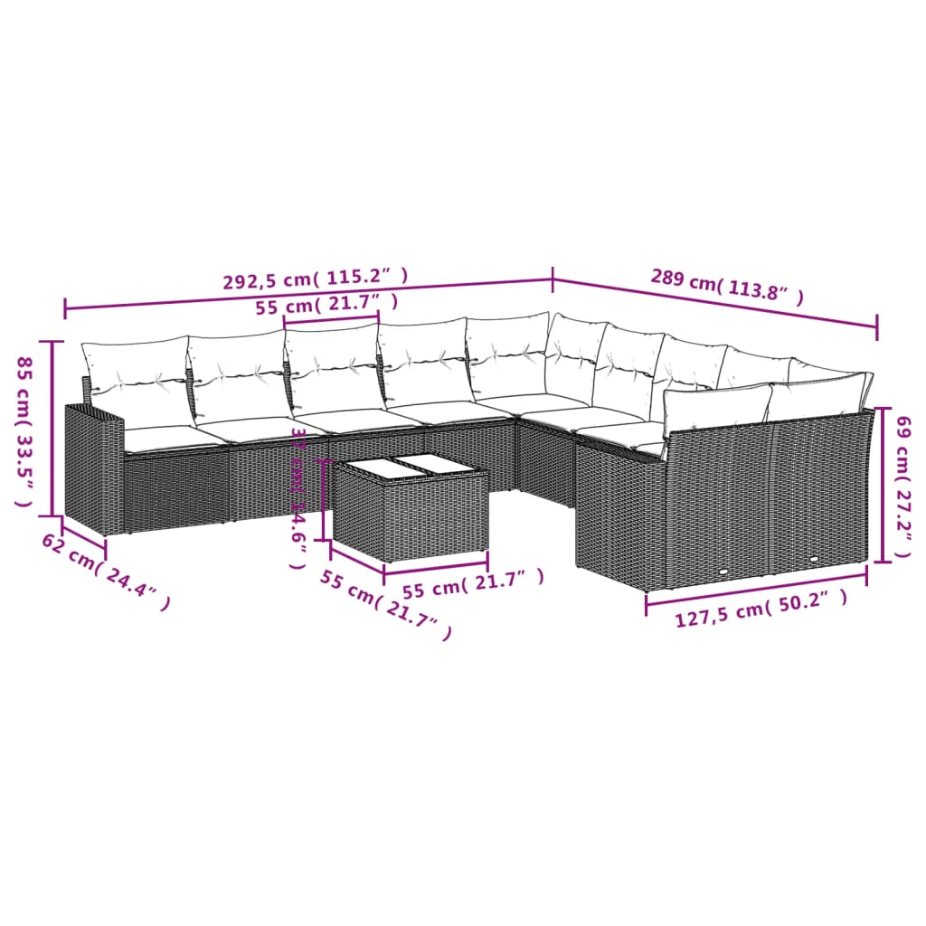 11-delige Tuinset met kussens poly rattan beige