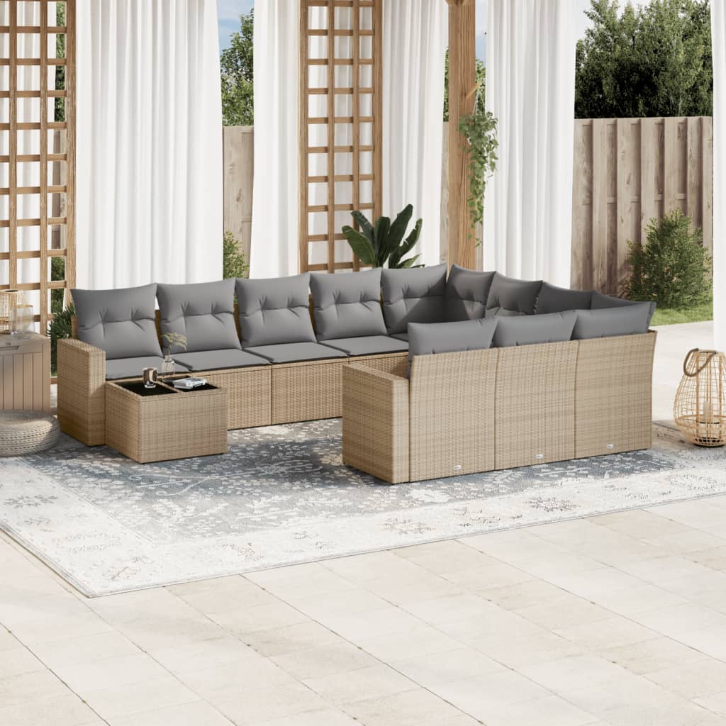 11-delige Tuinset met kussens poly rattan beige