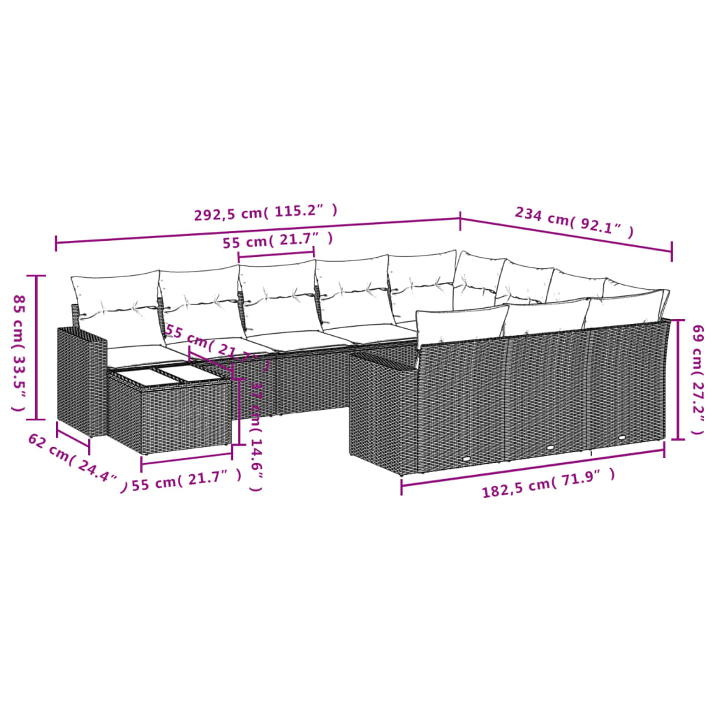 11-delige Tuinset met kussens poly rattan beige