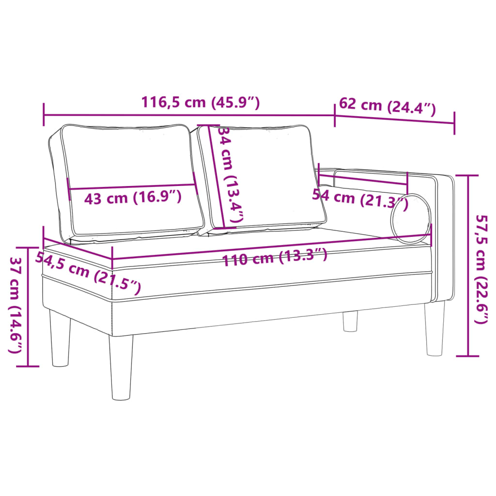 Chaise longue met kussens stof crèmekleurig