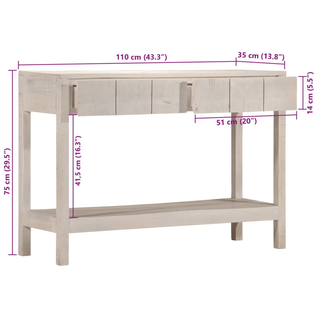 Wandtafel met 2 lades 110x35x75 cm massief mangohout