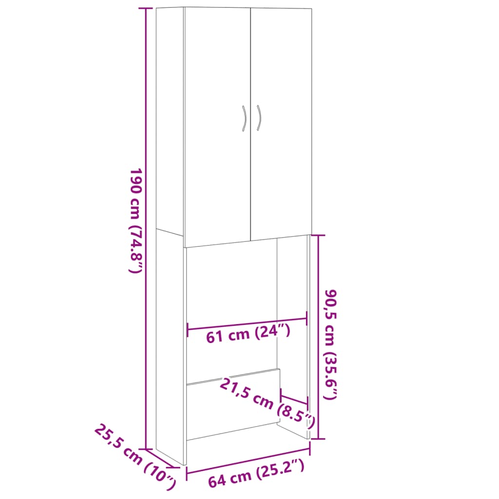 Wasmachinekast 64x25,5x190 cm oud houtkleurig