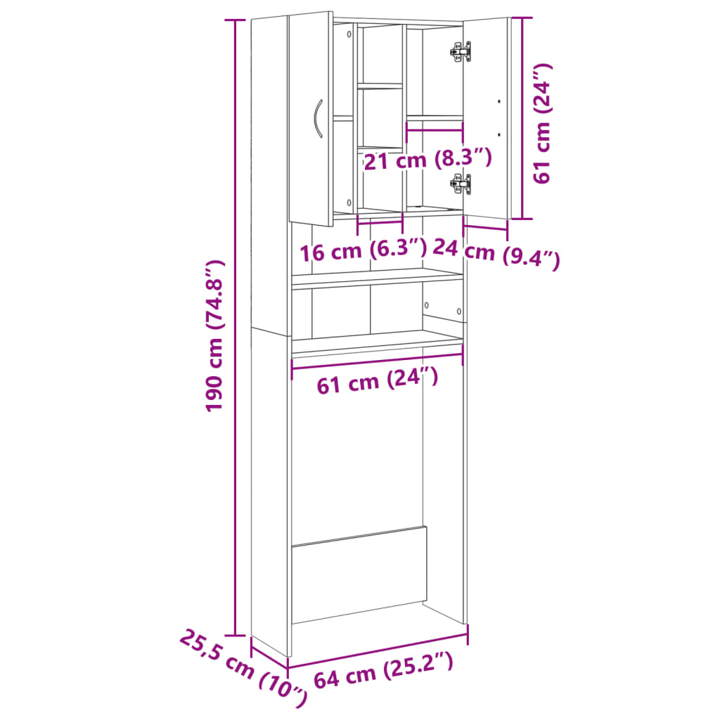 Wasmachinekast 64x25,5x190 cm artisanaal eikenkleur