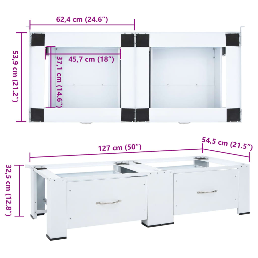 Dubbele wasmachine sokkel met uittrekbare planken wit