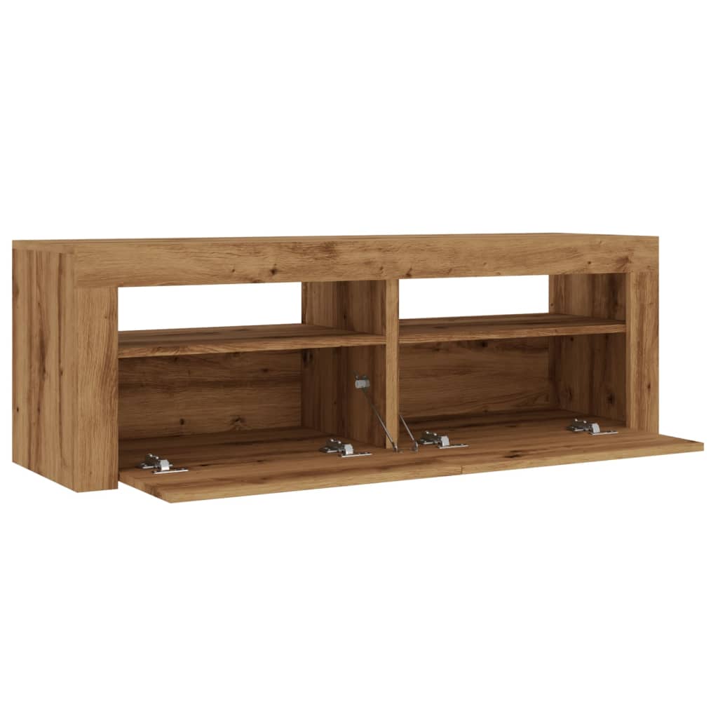 Tv-meubel met LED 120x35x40 cm bewerkt hout artisanaal eiken