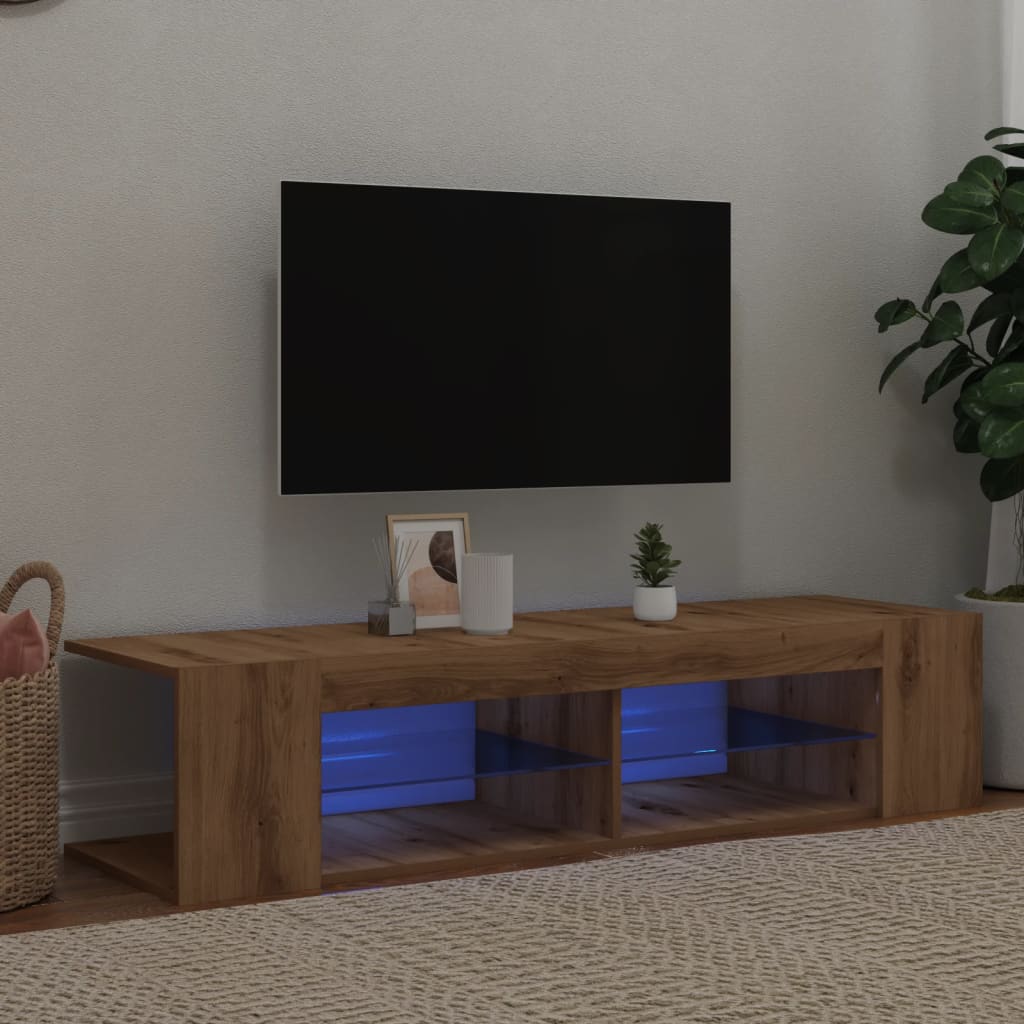 Tv-meubel met LED 135x39x30 cm bewerkt hout artisanaal eiken