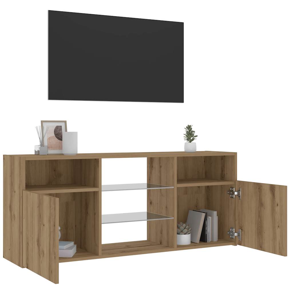 Tv-meubel met LED 120x30x50 cm bewerkt hout artisanaal eiken