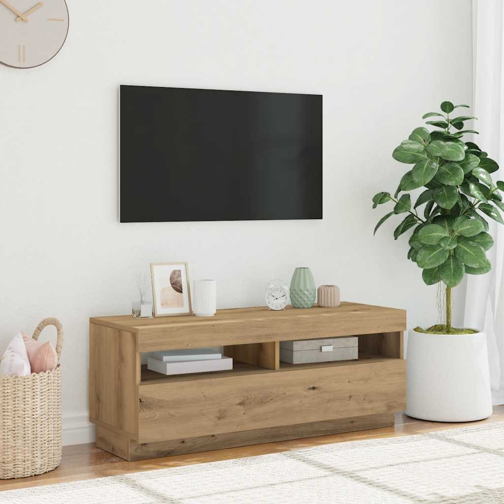 Tv-meubel met LED 80x35x40 cm bewerkt hout artisanaal eiken