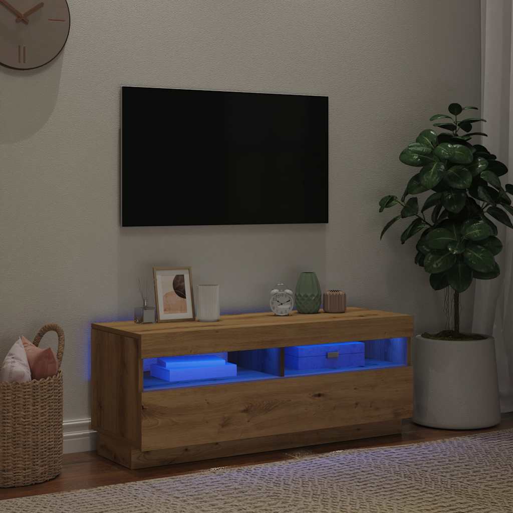 Tv-meubel met LED 80x35x40 cm bewerkt hout artisanaal eiken