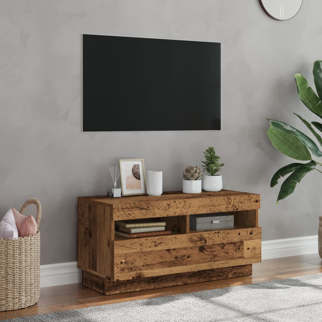 Tv-meubel met LED 80x35x40 cm bewerkt hout artisanaal eiken