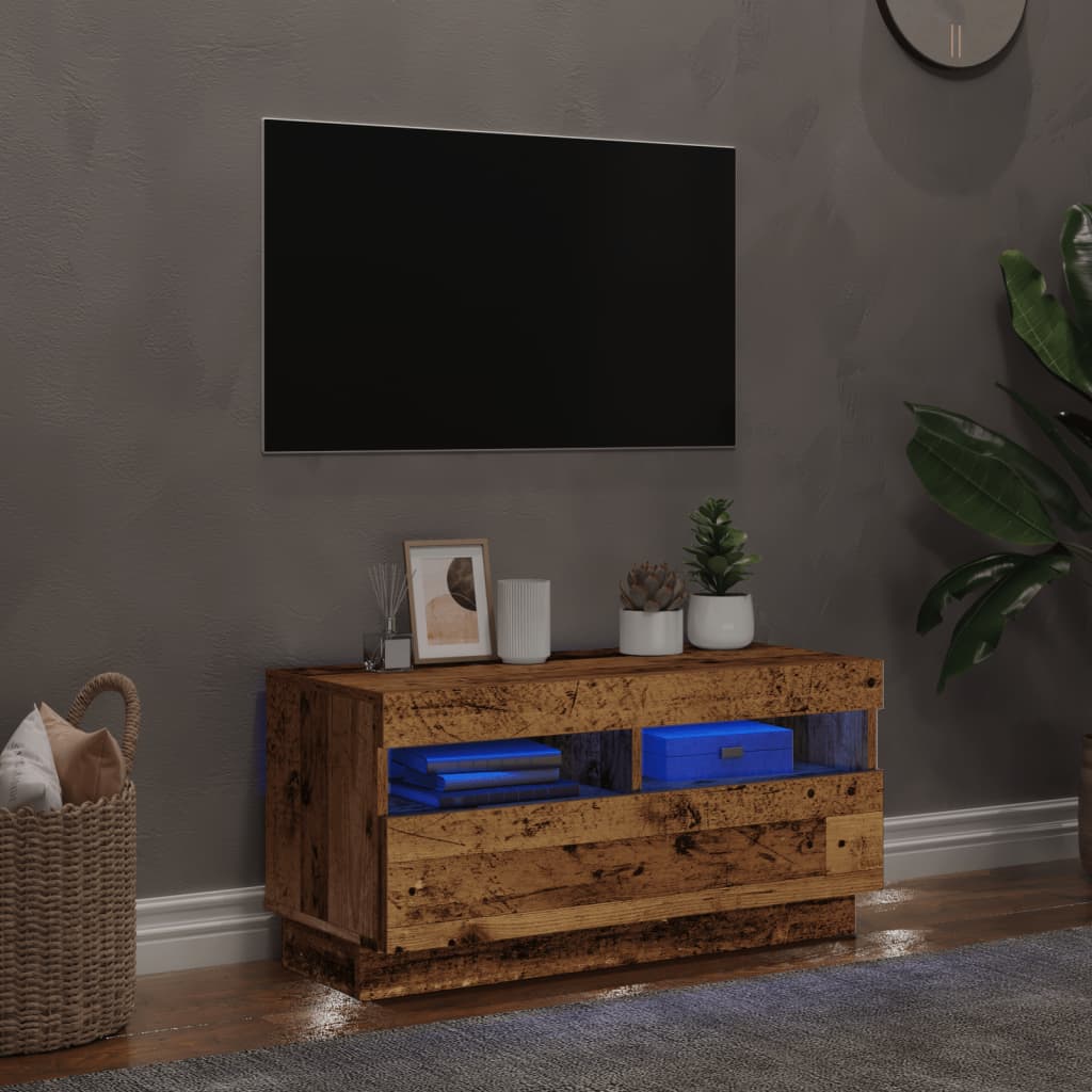 Tv-meubel met LED 80x35x40 cm bewerkt hout artisanaal eiken