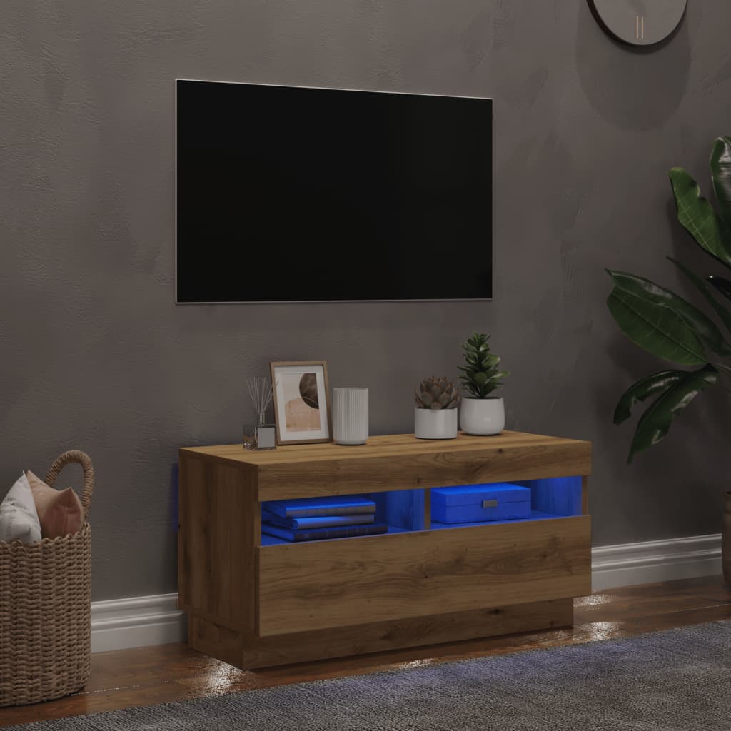 Tv-meubel met LED 80x35x40 cm bewerkt hout artisanaal eiken