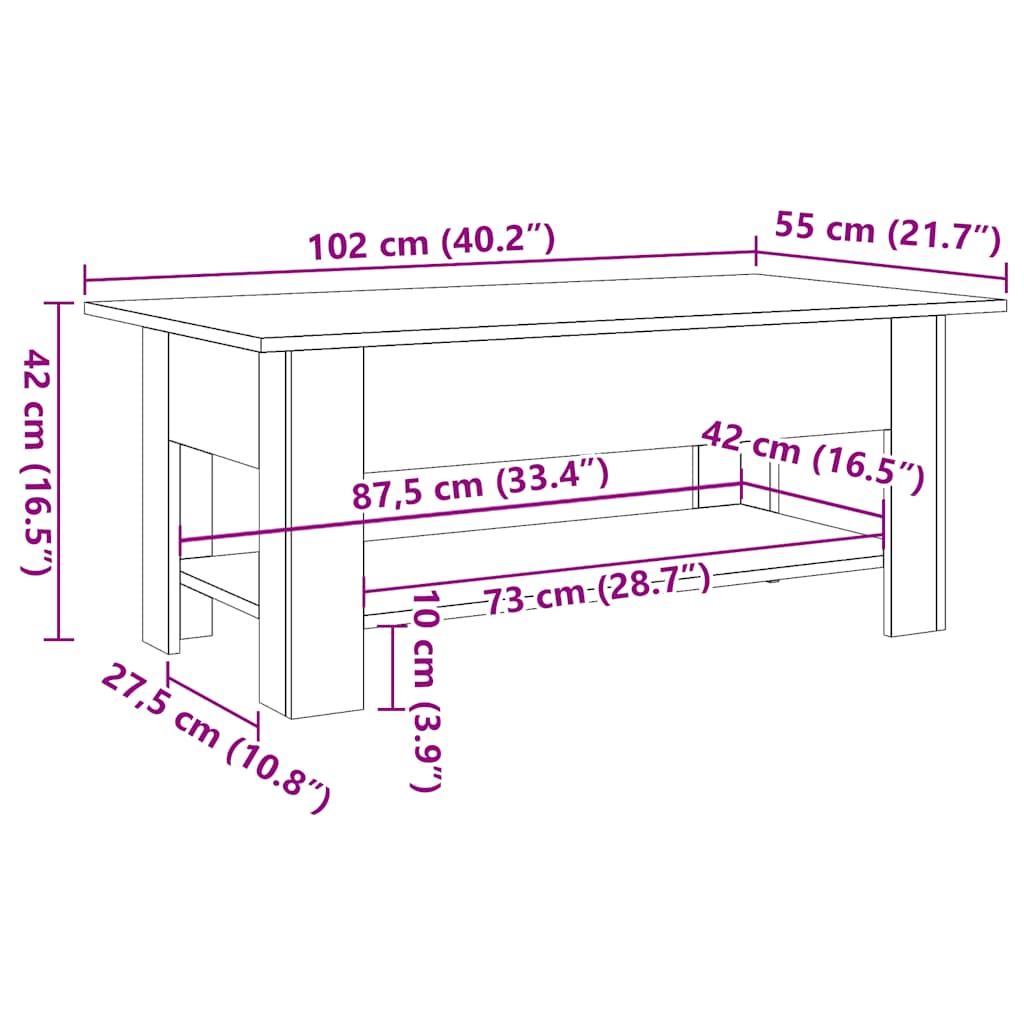 Salontafel 102x55x42 cm bewerkt hout artisanaal eikenkleur