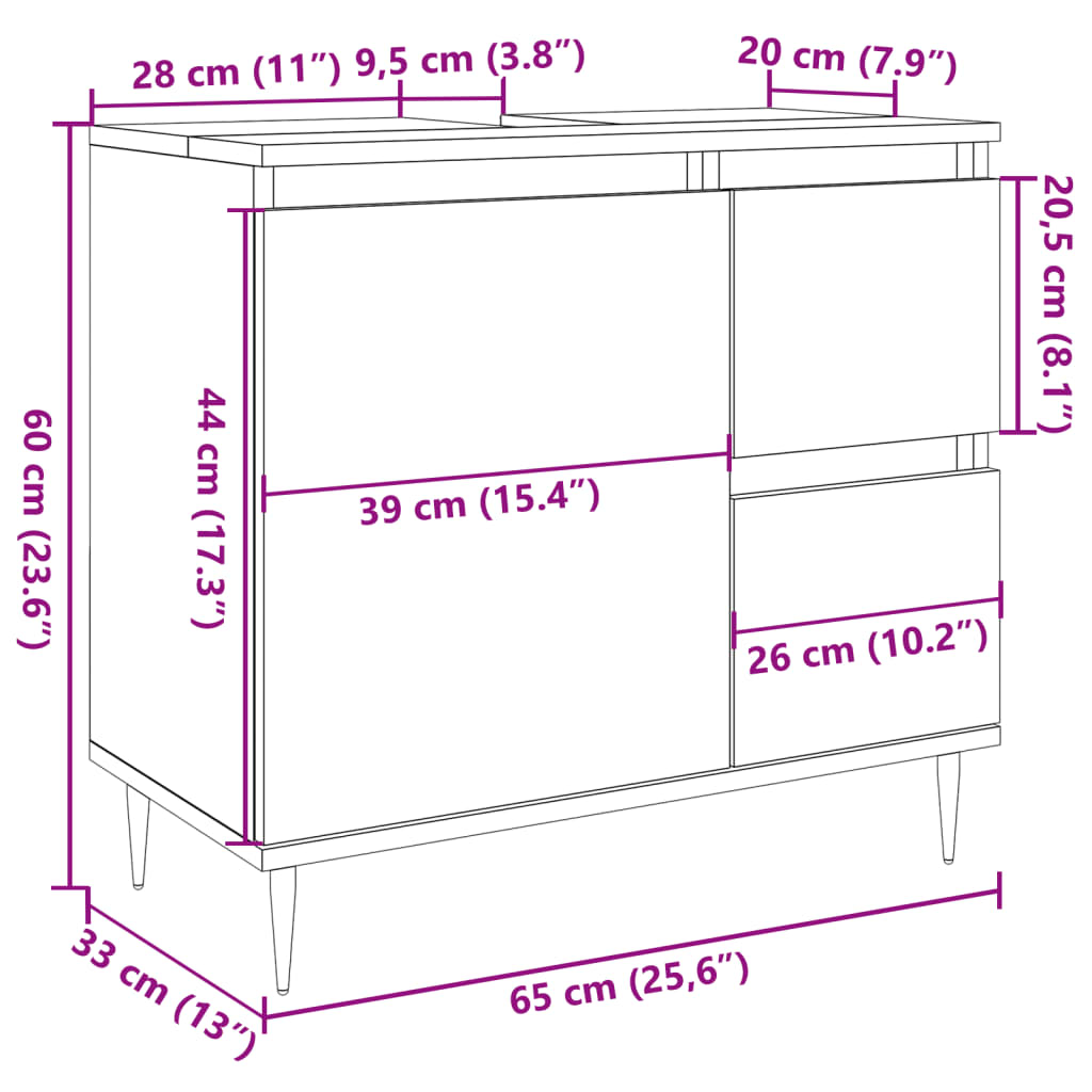 Badkamerkast 65x33x60 cm bewerkt hout artisanaal eikenkleurig