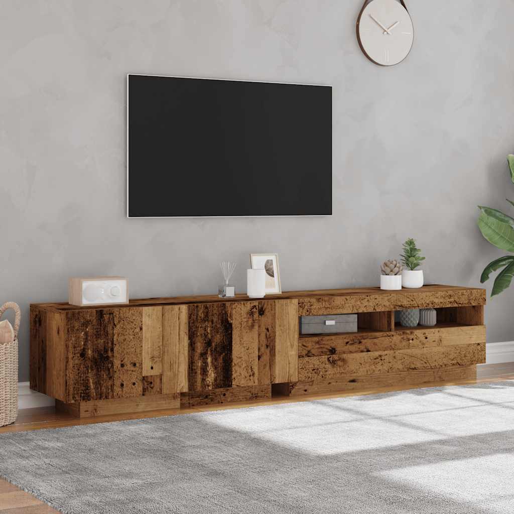 Tv-meubel met LED 200x35x40 cm bewerkt hout artisanaal eiken