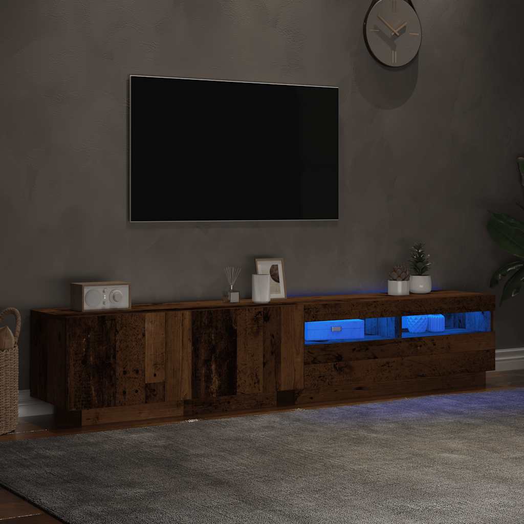 Tv-meubel met LED 200x35x40 cm bewerkt hout artisanaal eiken