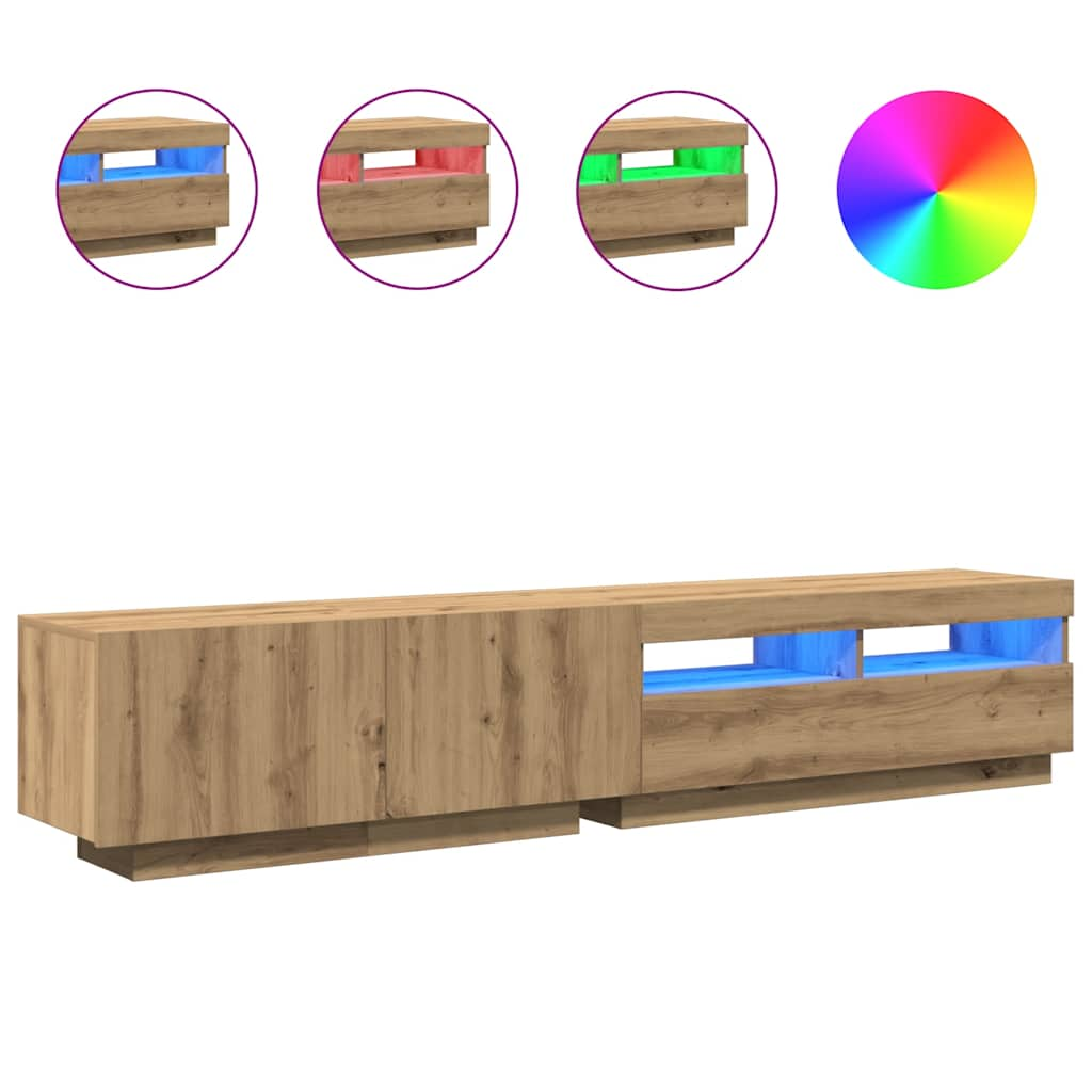 Tv-meubel met LED 200x35x40 cm bewerkt hout artisanaal eiken