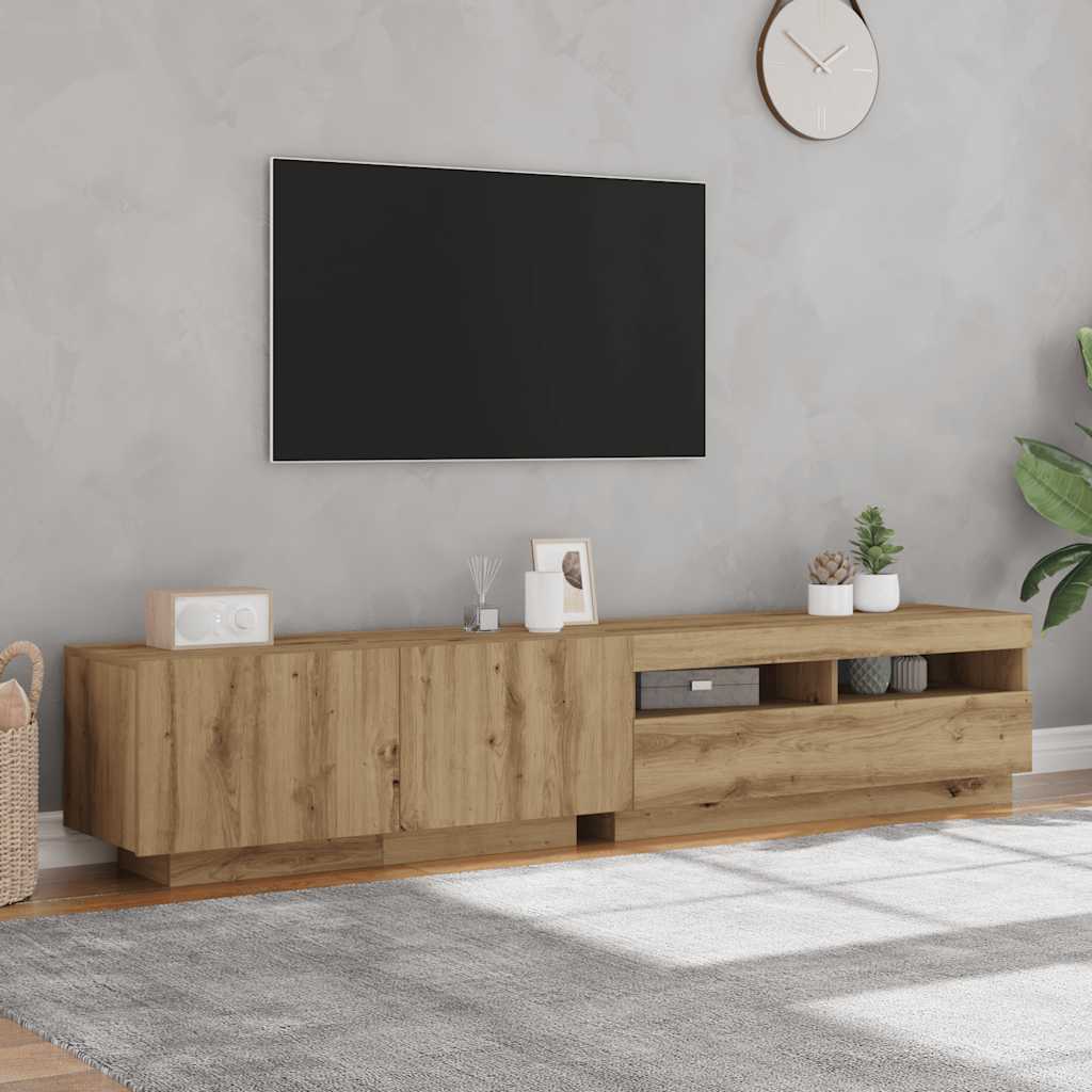 Tv-meubel met LED 200x35x40 cm bewerkt hout artisanaal eiken