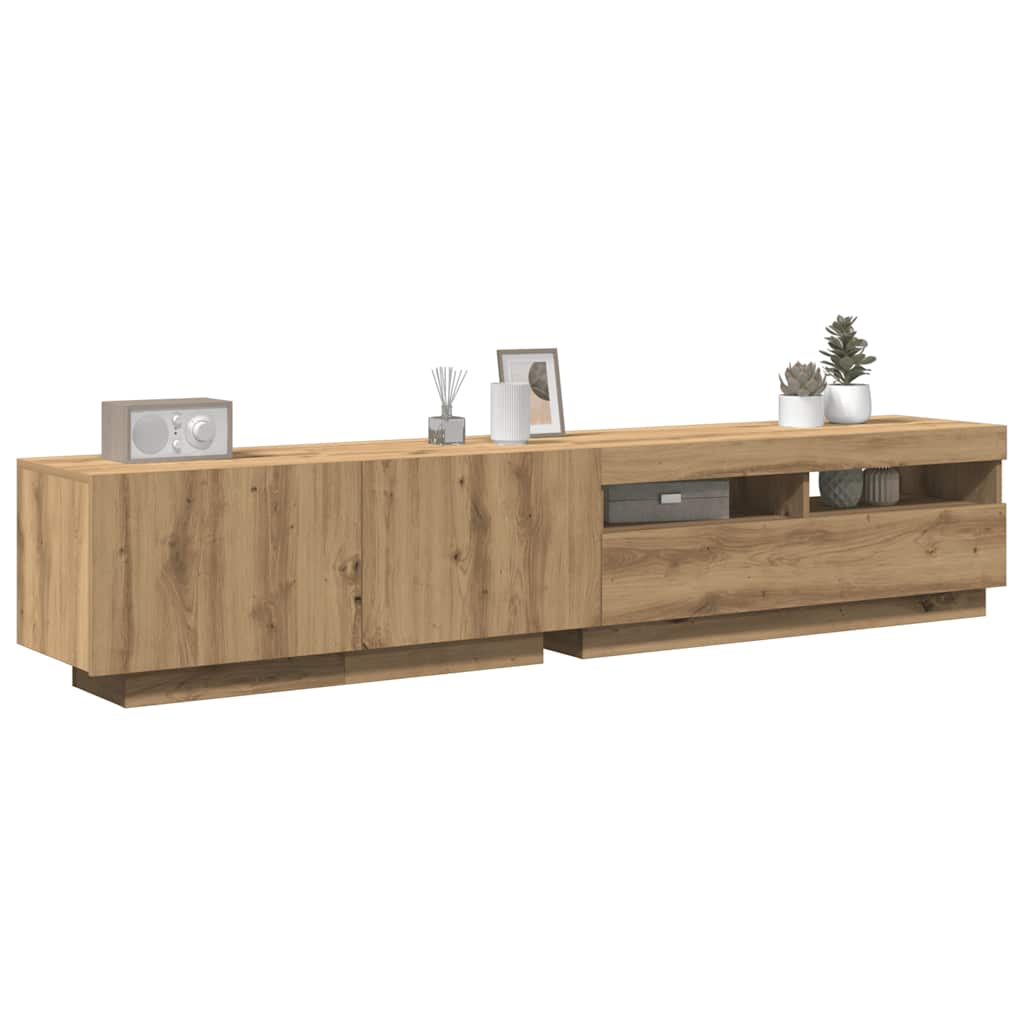 Tv-meubel met LED 200x35x40 cm bewerkt hout artisanaal eiken