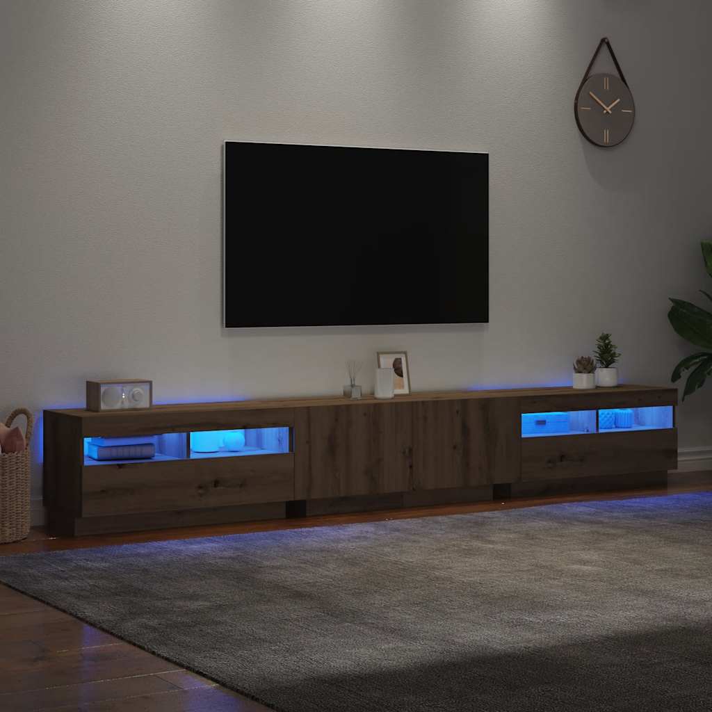 Tv-meubel met LED 260x35x40 cm bewerkt hout artisanaal eiken