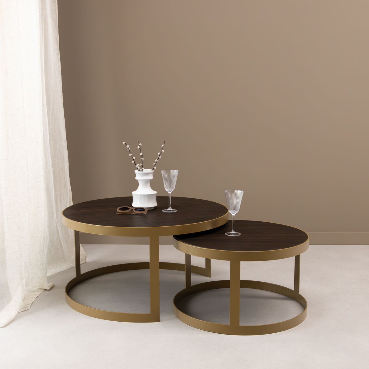 Stalux Salontafelset 'Saar' rond 80 en 60cm, kleur goud / bruin hout