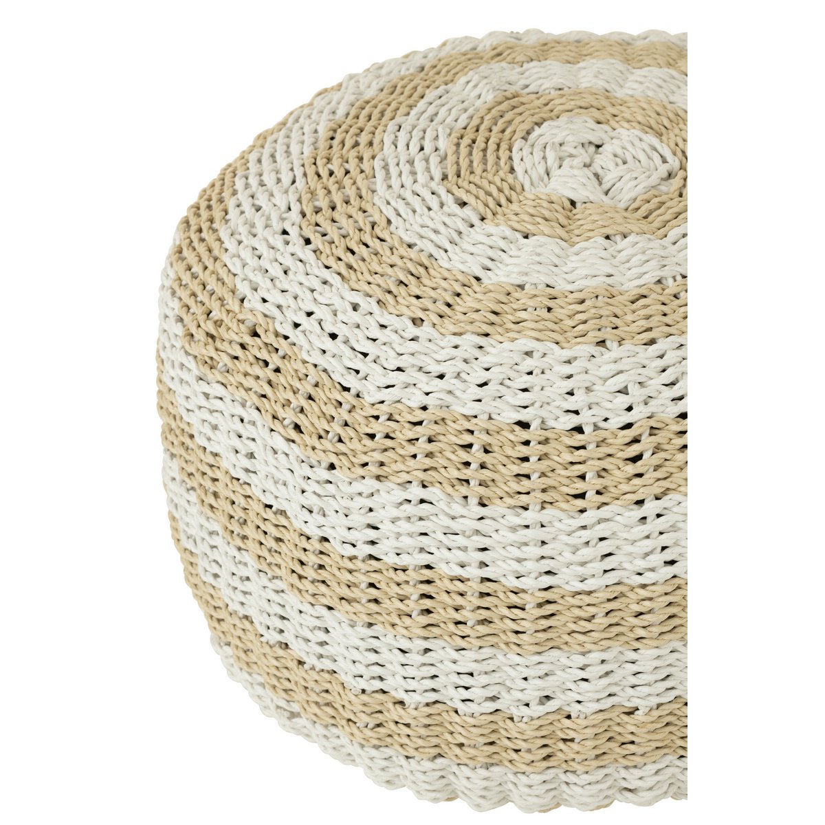 J-Line Pouf Rond Strepen Geweven Plastiek Wit/Naturel