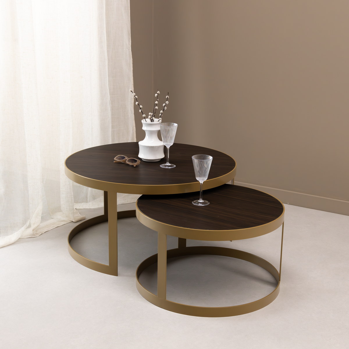 Stalux Salontafelset 'Saar' rond 80 en 60cm, kleur goud / bruin hout