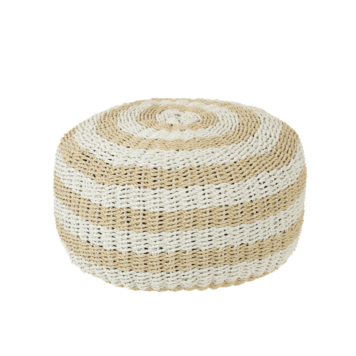 J-Line Pouf Rond Strepen Geweven Plastiek Wit/Naturel